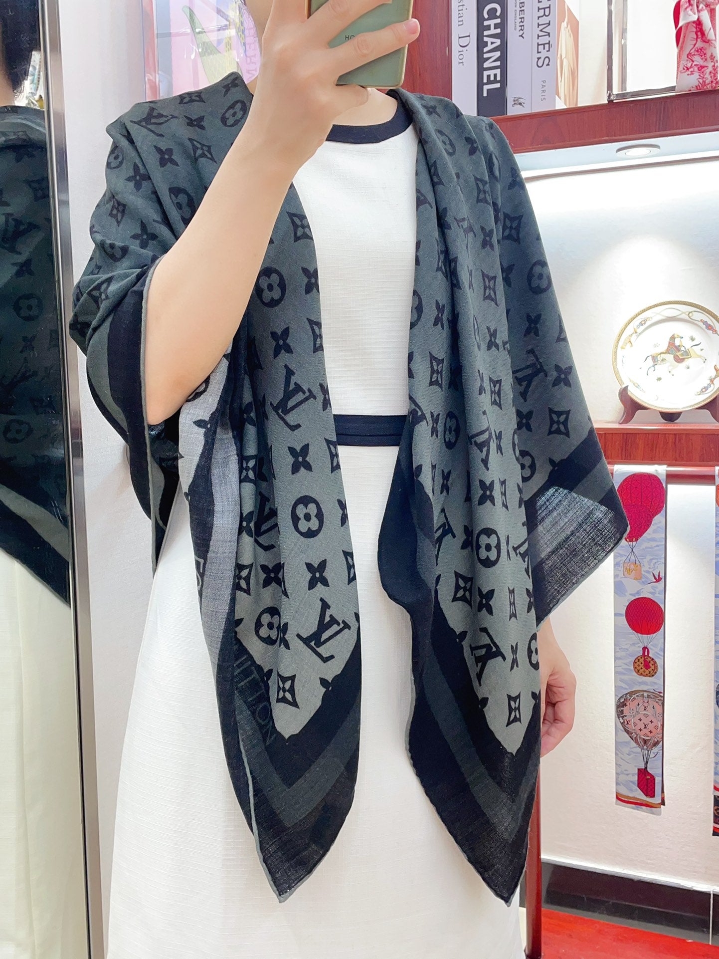 Women's Luxury Monogram Print Large Scarf - Grey and Black Oversized Shawl Wrap Fashion Accessory
