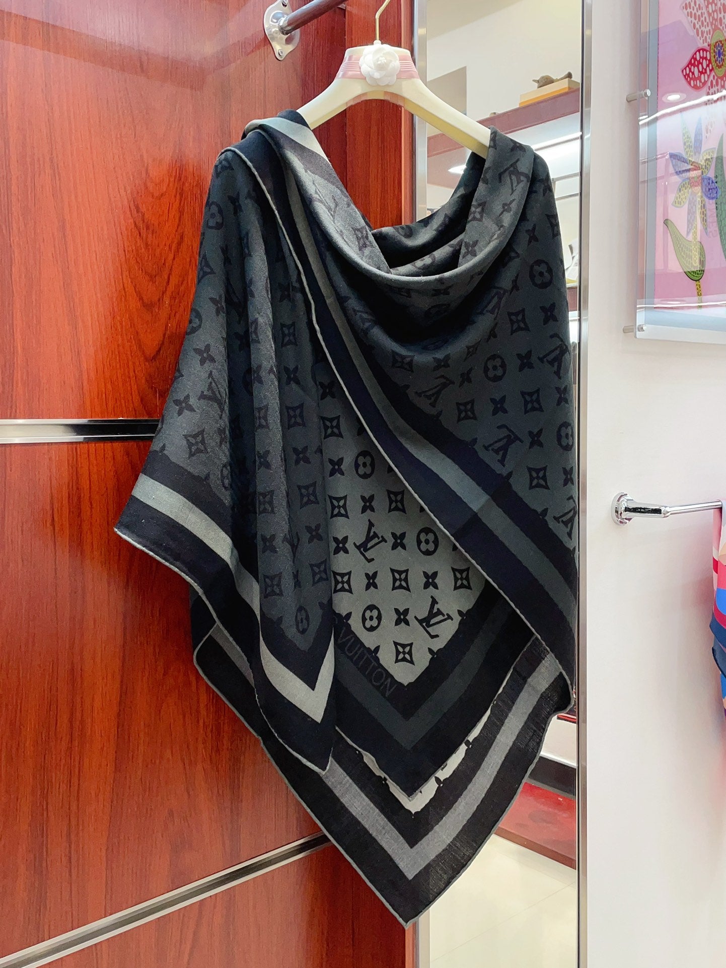 Women's Luxury Monogram Print Large Scarf - Grey and Black Oversized Shawl Wrap Fashion Accessory