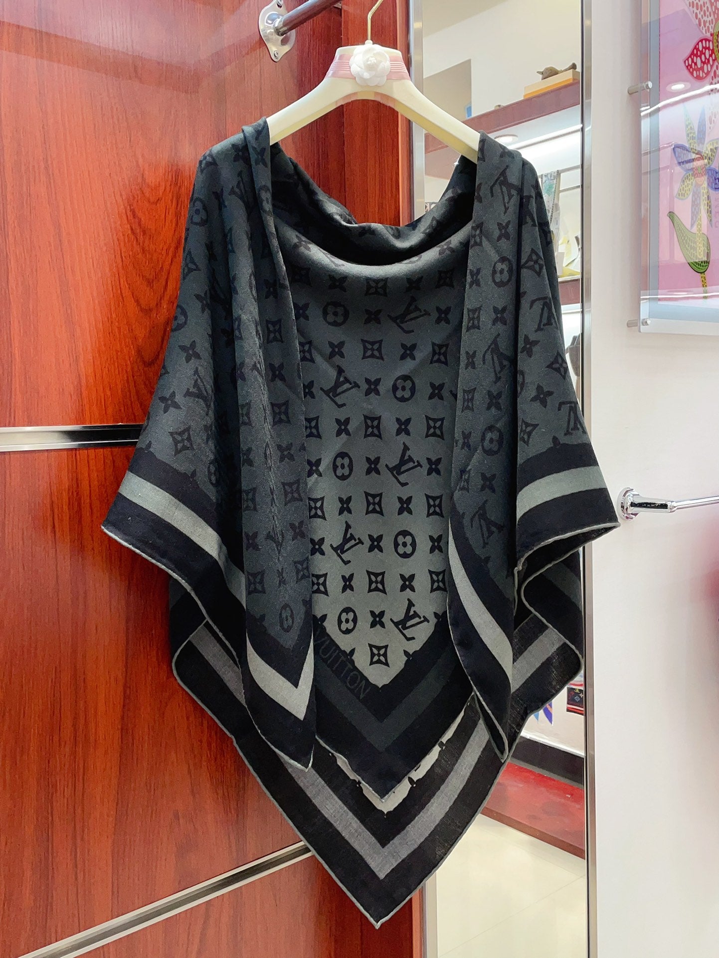 Women's Luxury Monogram Print Large Scarf - Grey and Black Oversized Shawl Wrap Fashion Accessory