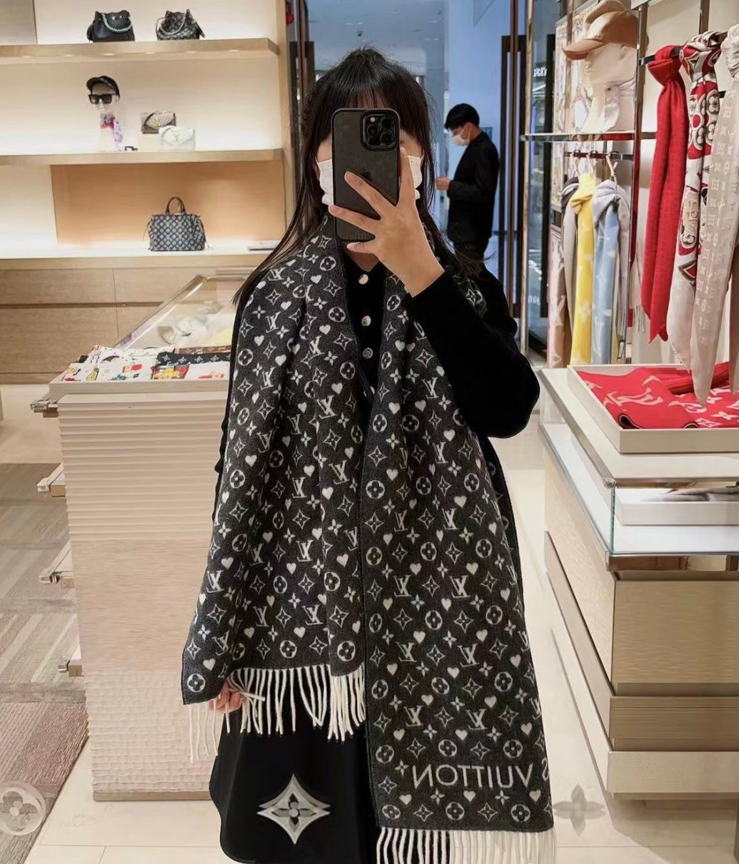 Louis Vuitton Monogram Scarf with Heart Pattern, Black and Grey Women's Shawl with Fringe