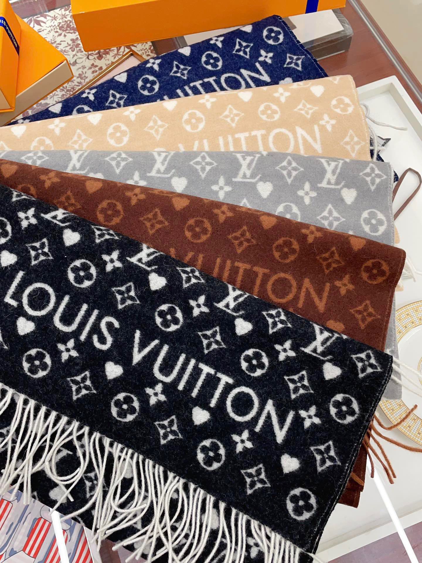 Louis Vuitton Monogram Scarf with Heart Pattern, Black and Grey Women's Shawl with Fringe