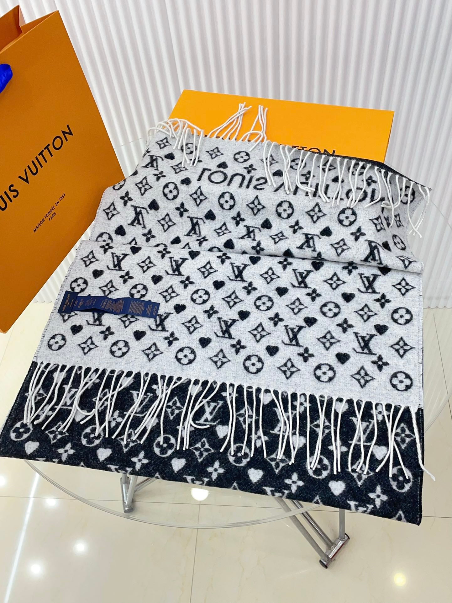 Louis Vuitton Monogram Scarf with Heart Pattern, Black and Grey Women's Shawl with Fringe