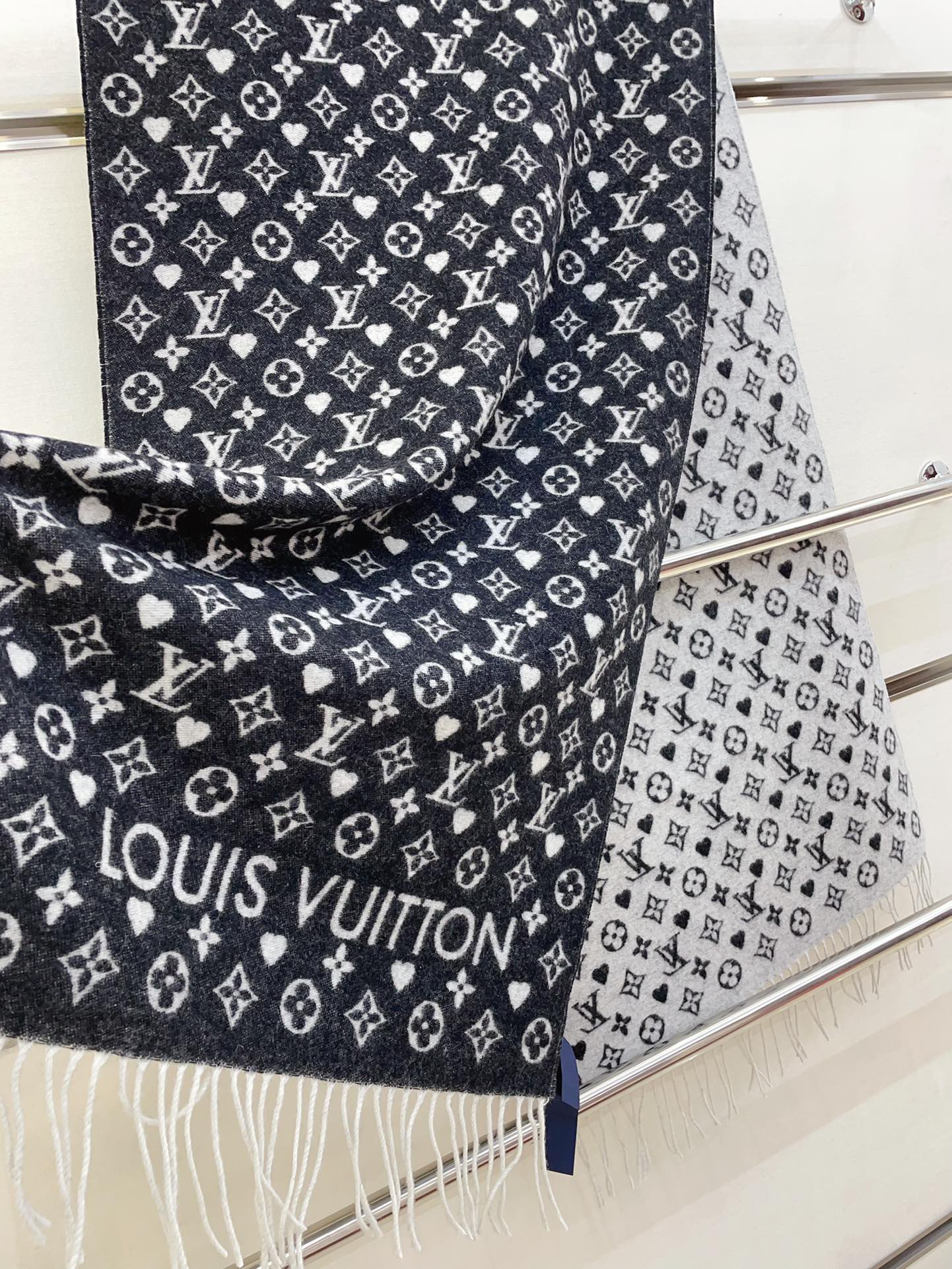 Louis Vuitton Monogram Scarf with Heart Pattern, Black and Grey Women's Shawl with Fringe