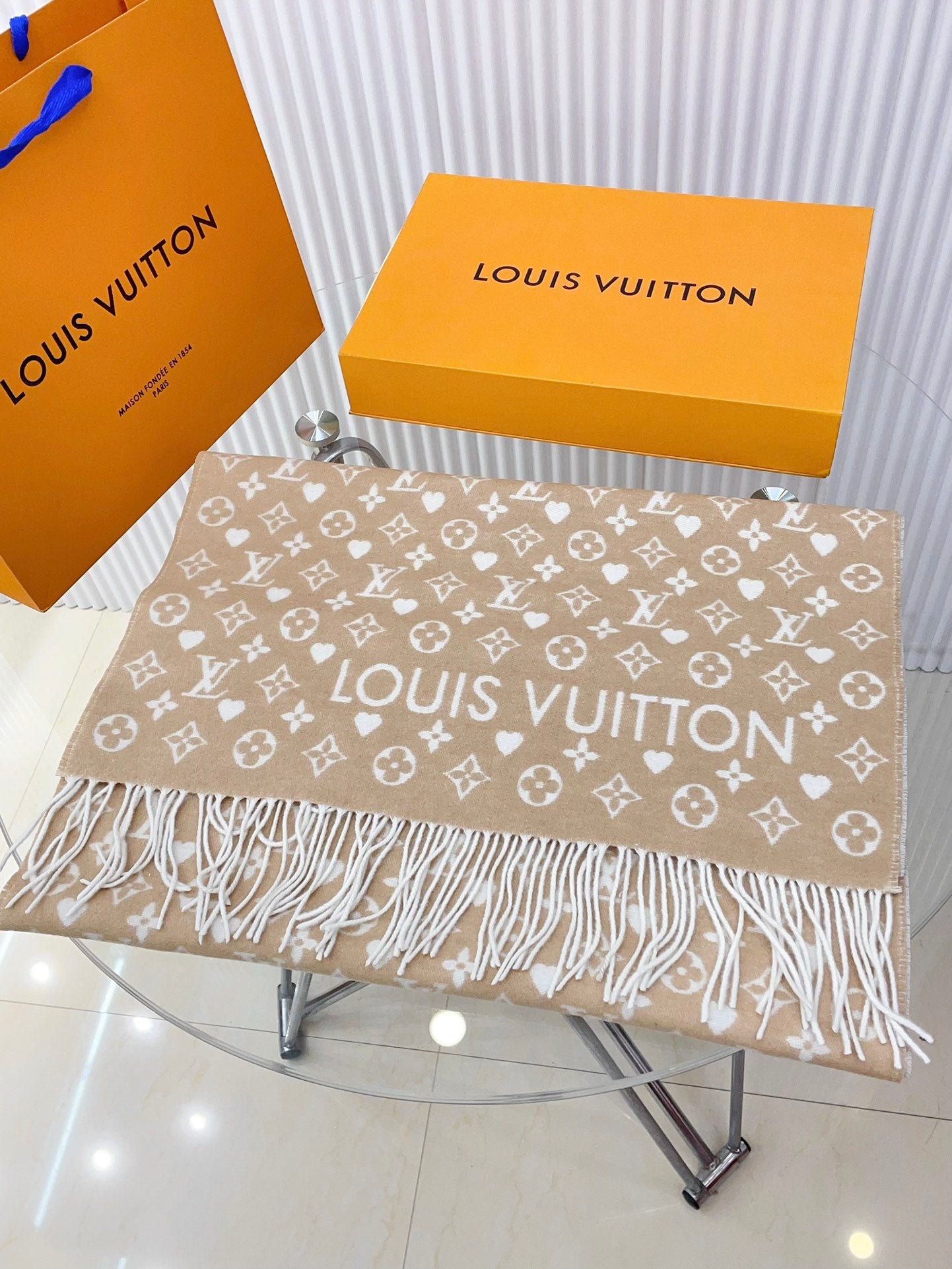 Louis Vuitton Monogram Beige Wool and Silk Scarf for Women - Luxury Designer Shawl with Fringe