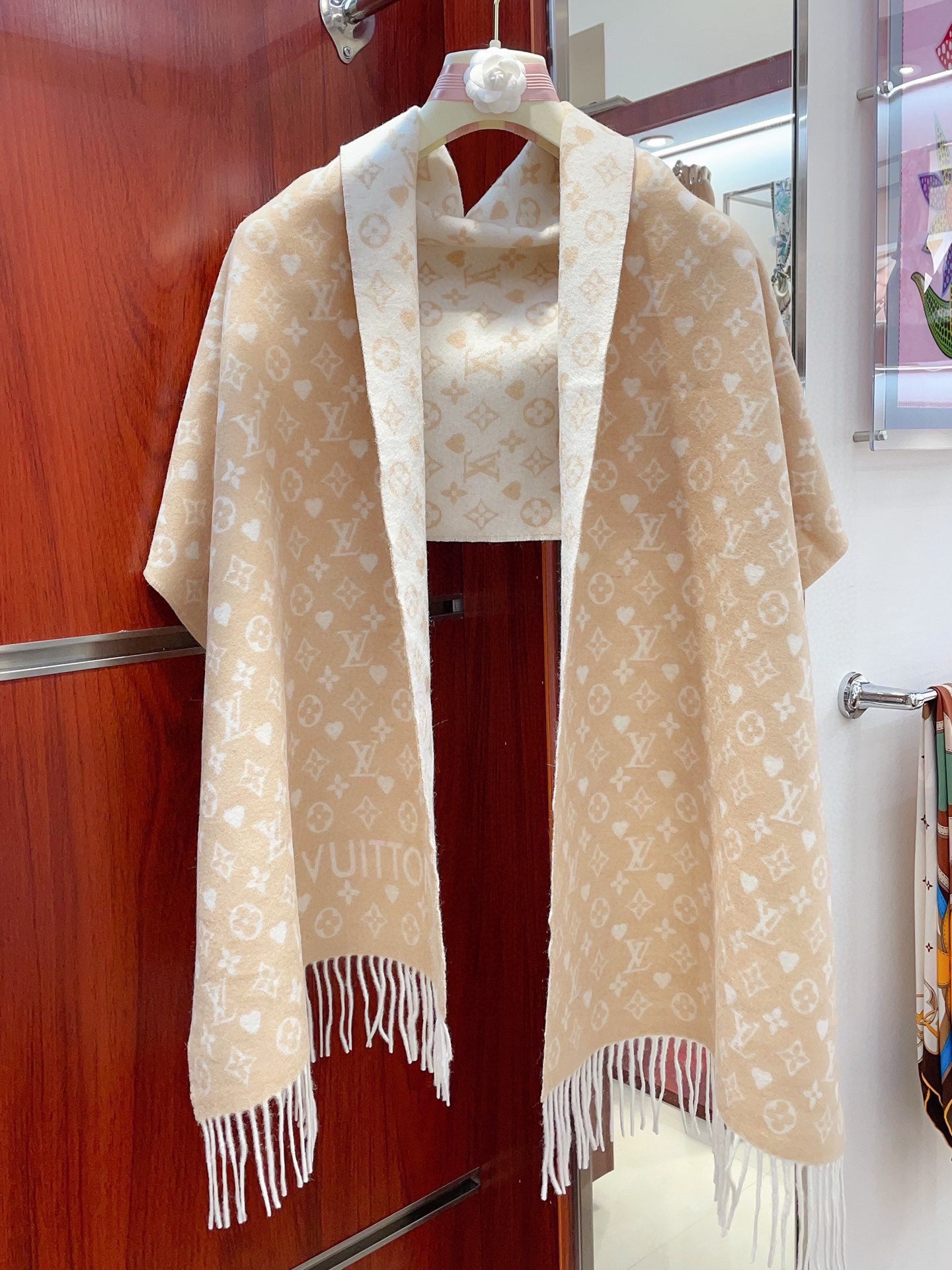 Louis Vuitton Monogram Beige Wool and Silk Scarf for Women - Luxury Designer Shawl with Fringe