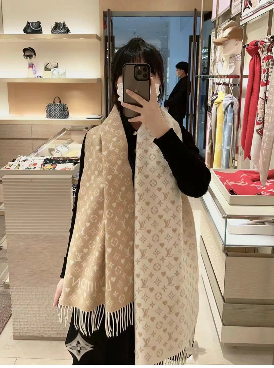 Louis Vuitton Monogram Beige Wool and Silk Scarf for Women - Luxury Designer Shawl with Fringe