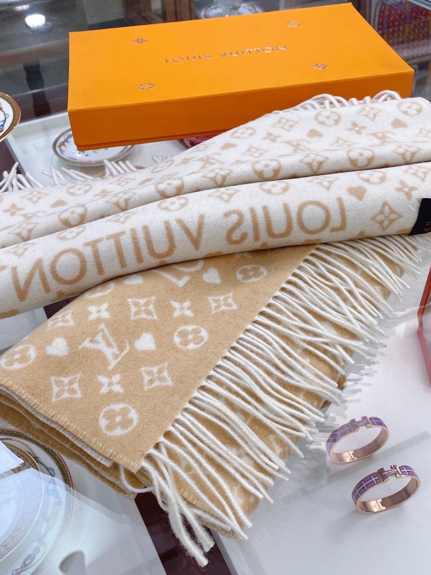 Louis Vuitton Monogram Beige Wool and Silk Scarf for Women - Luxury Designer Shawl with Fringe