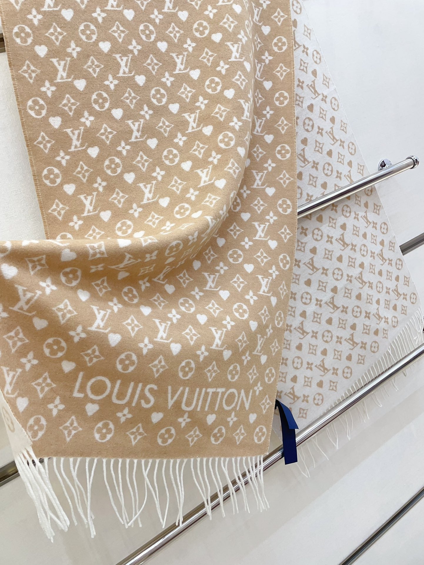 Louis Vuitton Monogram Beige Wool and Silk Scarf for Women - Luxury Designer Shawl with Fringe