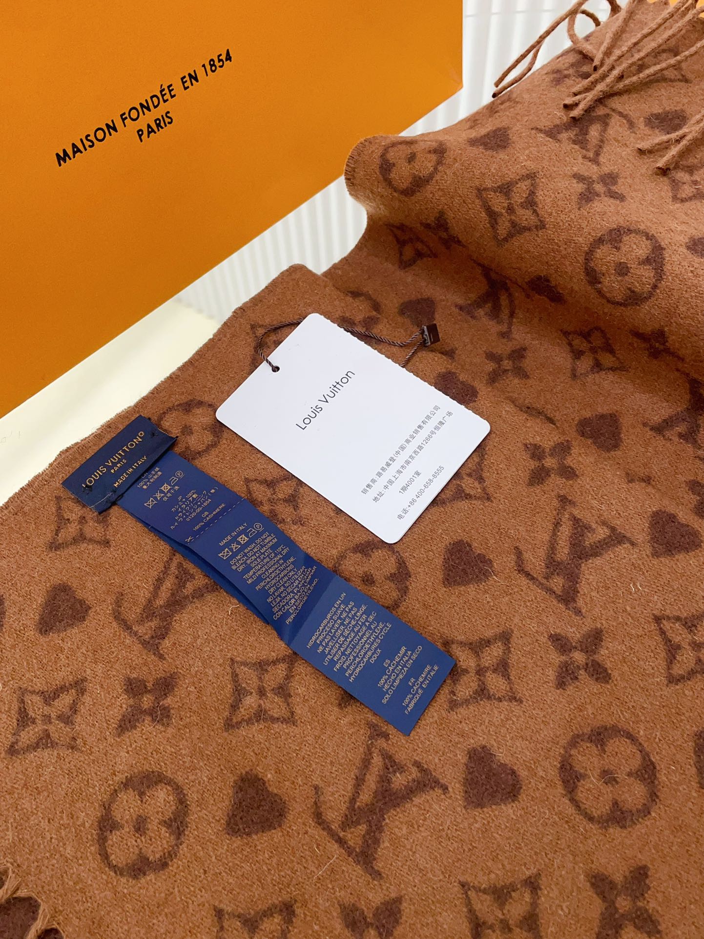 Louis Vuitton Brown Monogram Scarf - Luxury Wool Silk Blend Winter Accessory with Fringe