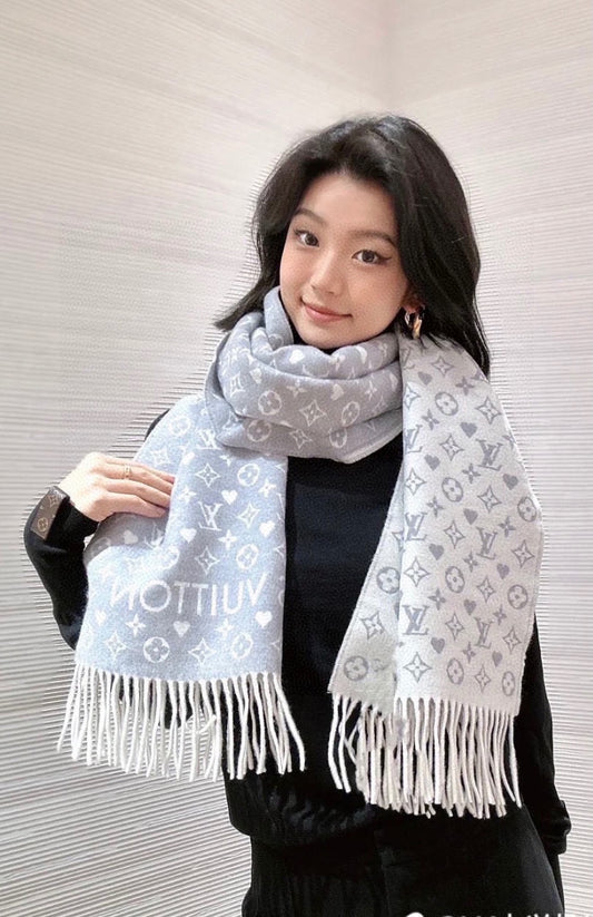 Women's Monogram Hearts Printed Scarf - Grey and Light Blue Reversible Winter Pashmina Shawl with Fringe Tassels - Warm Soft Neck Wrap