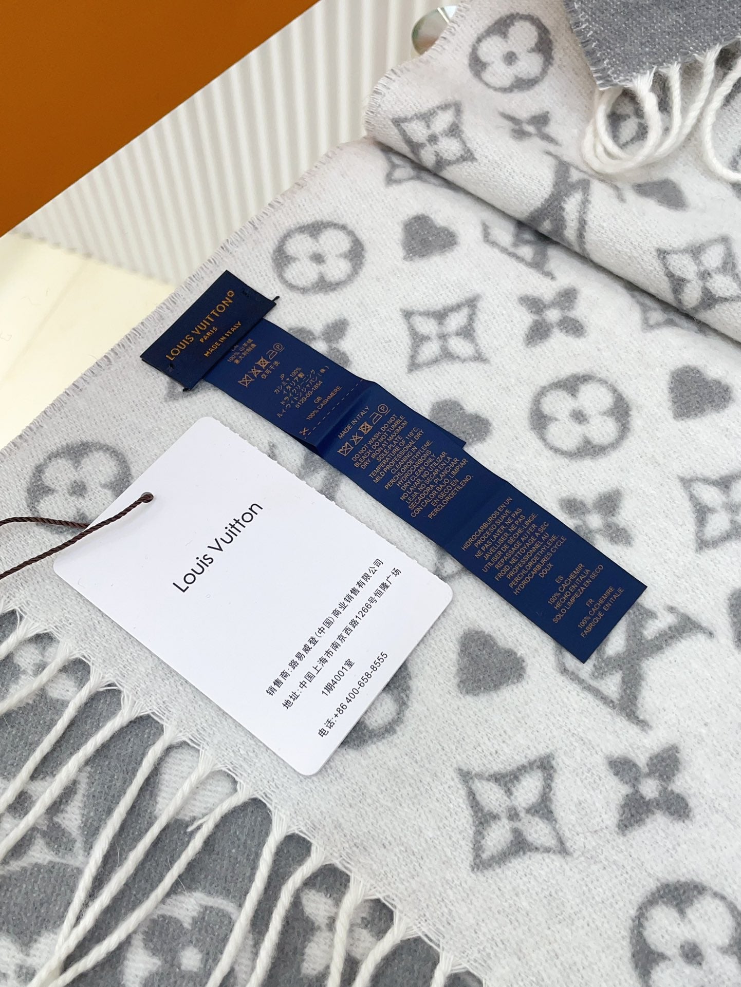 Women's Monogram Hearts Printed Scarf - Grey and Light Blue Reversible Winter Pashmina Shawl with Fringe Tassels - Warm Soft Neck Wrap