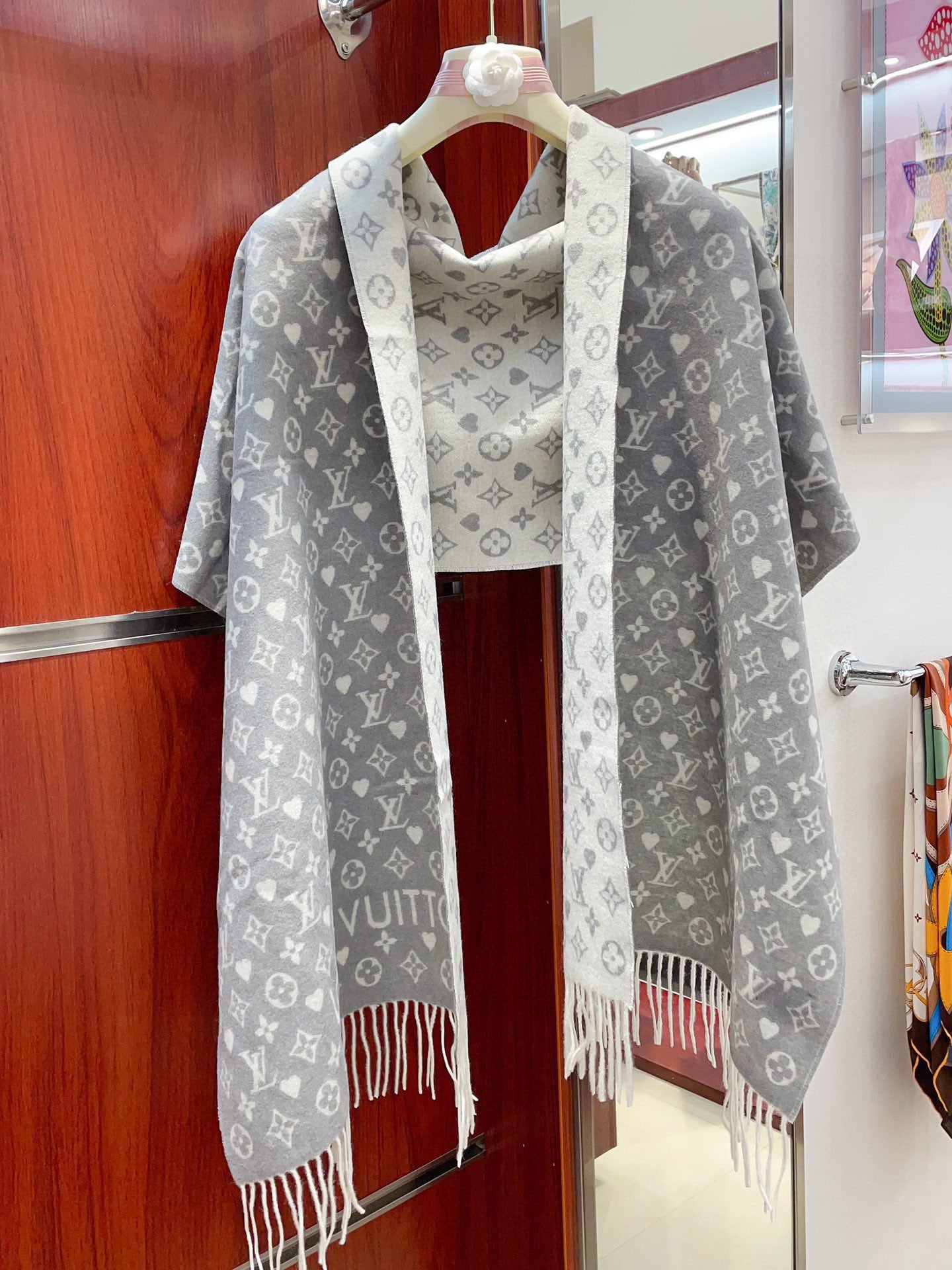 Women's Monogram Hearts Printed Scarf - Grey and Light Blue Reversible Winter Pashmina Shawl with Fringe Tassels - Warm Soft Neck Wrap