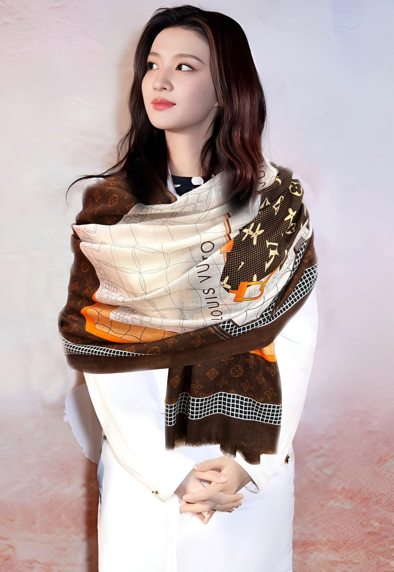 Women's Brown and Cream Patterned Luxury Pashmina Shawl Scarf - Large Soft Wrap Winter Neck Warmer