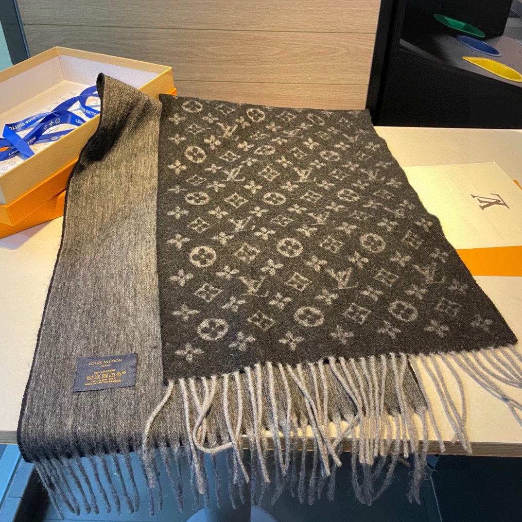 Louis Vuitton Monogram Shawl Scarf - Anthracite Grey Wool &amp; Silk Blend Luxury Designer Wrap for Women