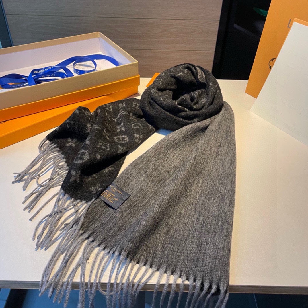 Louis Vuitton Monogram Shawl Scarf - Anthracite Grey Wool &amp; Silk Blend Luxury Designer Wrap for Women