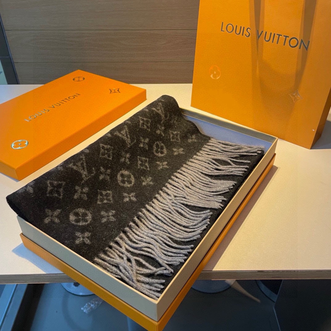 Louis Vuitton Monogram Shawl Scarf - Anthracite Grey Wool &amp; Silk Blend Luxury Designer Wrap for Women