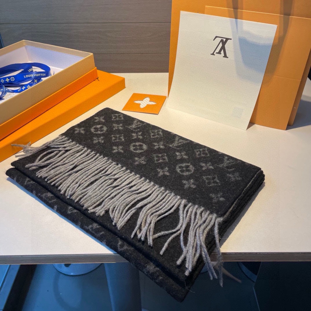 Louis Vuitton Monogram Shawl Scarf - Anthracite Grey Wool &amp; Silk Blend Luxury Designer Wrap for Women