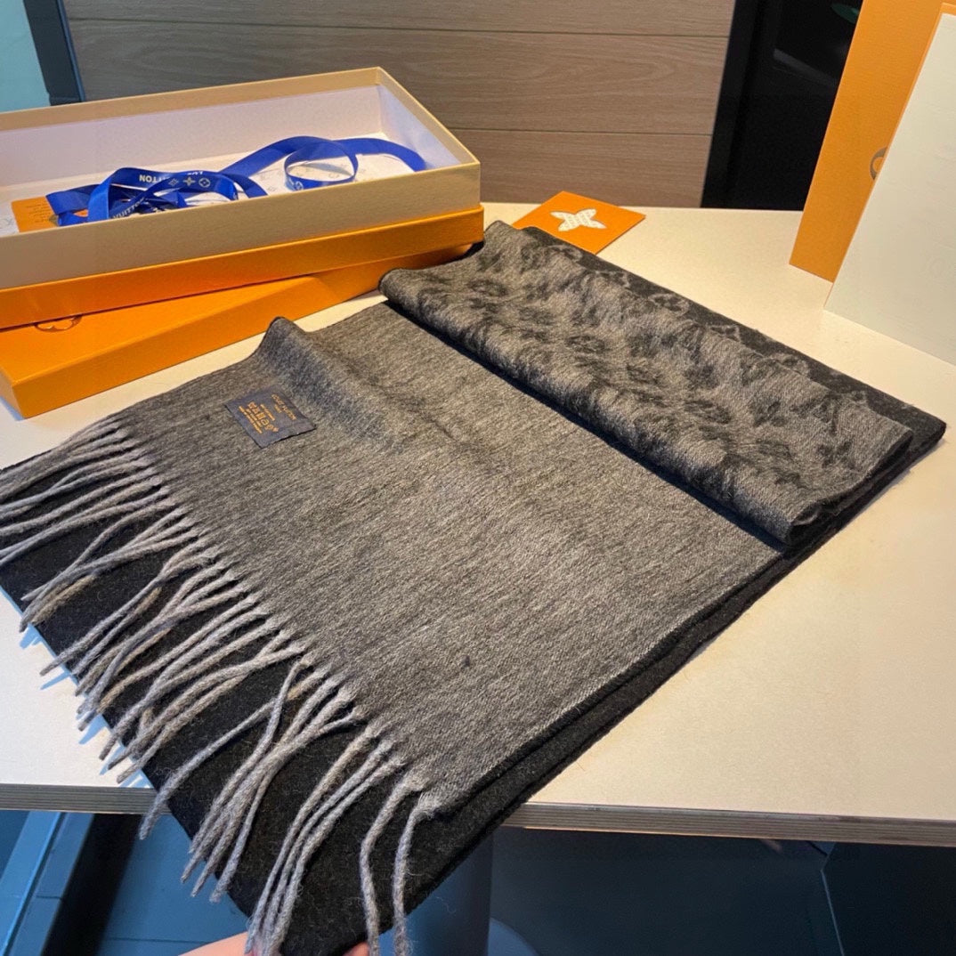 Louis Vuitton Monogram Shawl Scarf - Anthracite Grey Wool &amp; Silk Blend Luxury Designer Wrap for Women