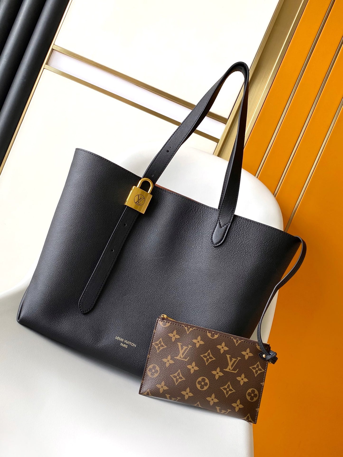Louis Vuitton Black Grained Leather Lockit Tote Bag with Gold Lock Detail