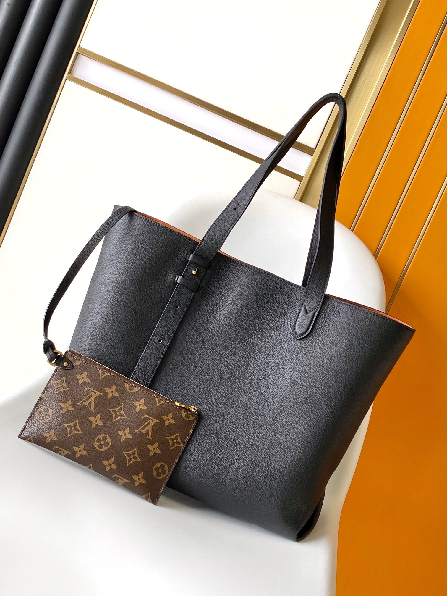 Louis Vuitton Black Grained Leather Lockit Tote Bag with Gold Lock Detail