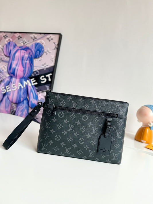 Men's Black Monogram Canvas Designer Clutch Bag - Slim Travel Pouch with Wristlet