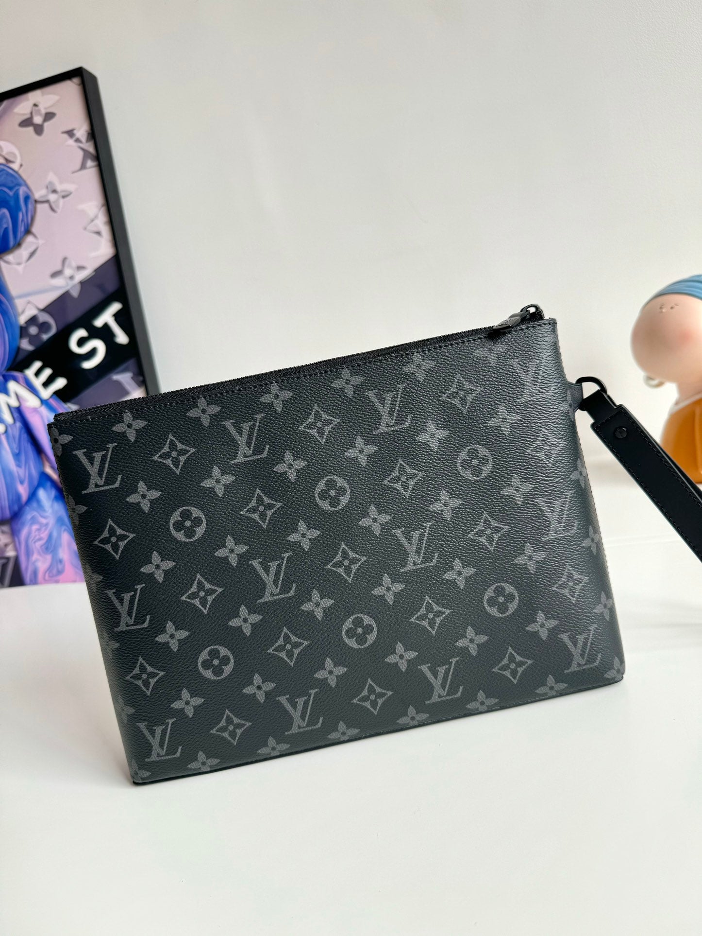 Men's Black Monogram Canvas Designer Clutch Bag - Slim Travel Pouch with Wristlet