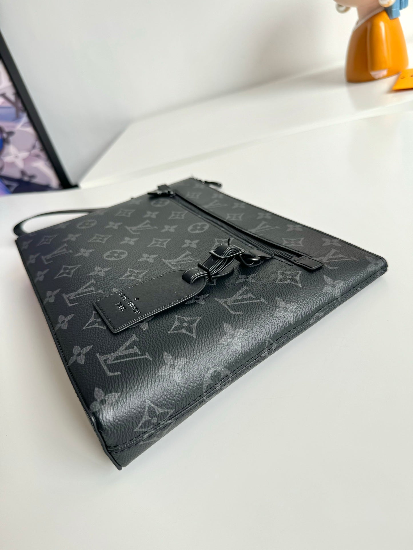 Men's Black Monogram Canvas Designer Clutch Bag - Slim Travel Pouch with Wristlet