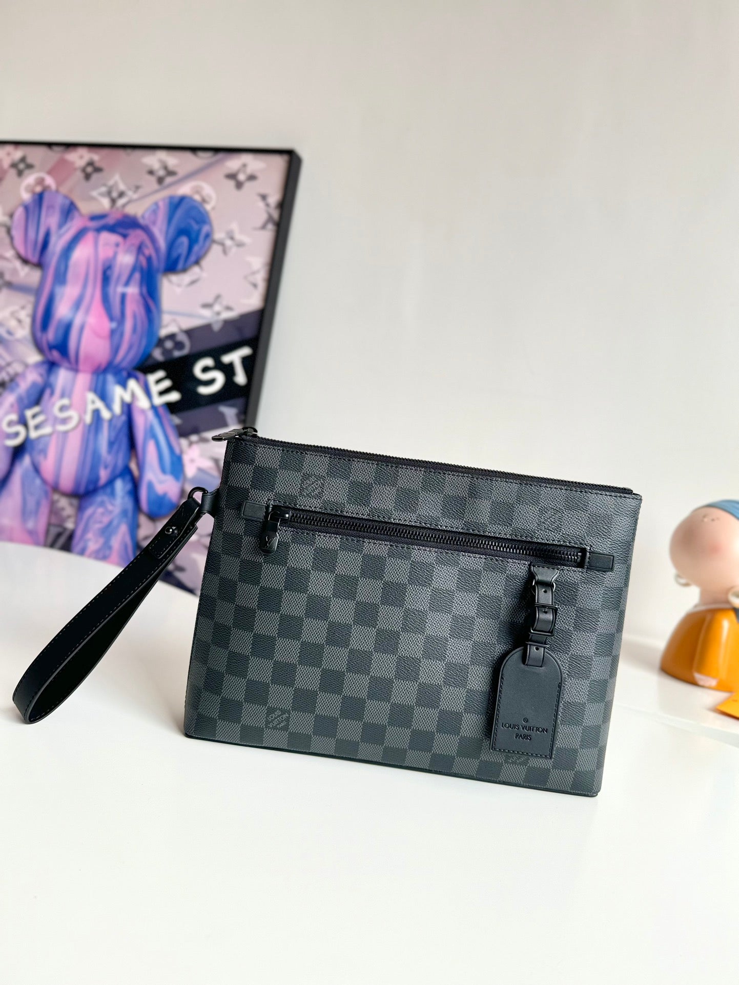 Men's Luxury Black Checkered Canvas Wristlet Clutch Pouch Bag