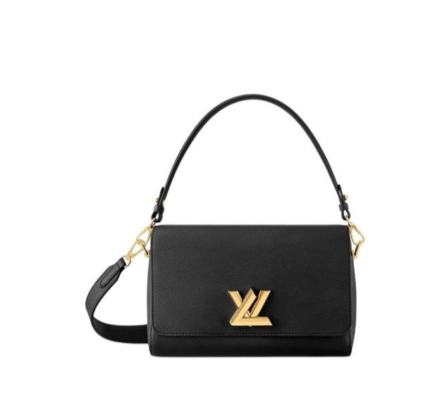 Elegant Black Leather Flap Shoulder Bag with Gold Twist Lock Clasp