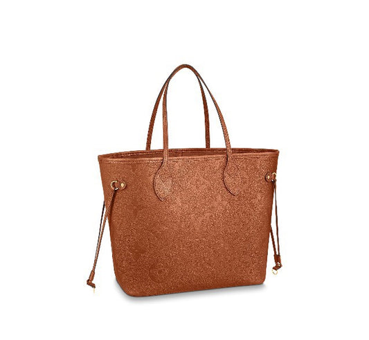 Brown Floral Embossed Leather Tote Bag with Side Drawstrings