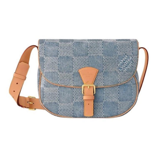 Louis Vuitton Damier Denim Blue Crossbody Bag with Tan Leather Strap