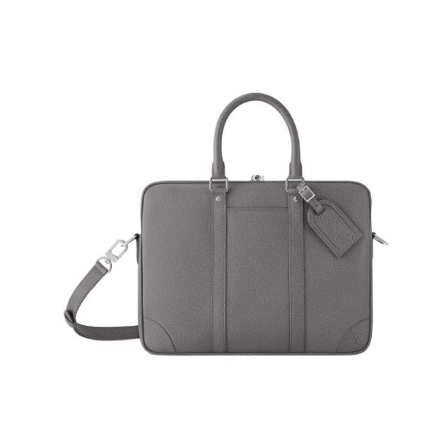 Premium Grey Leather Briefcase Slim Laptop Bag with Shoulder Strap