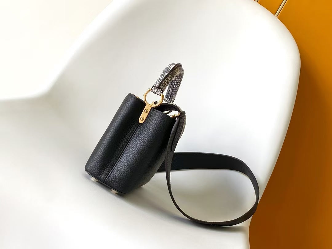 Louis Vuitton Black Leather Top Handle Handbag with Snakeskin Detail and Shoulder Strap