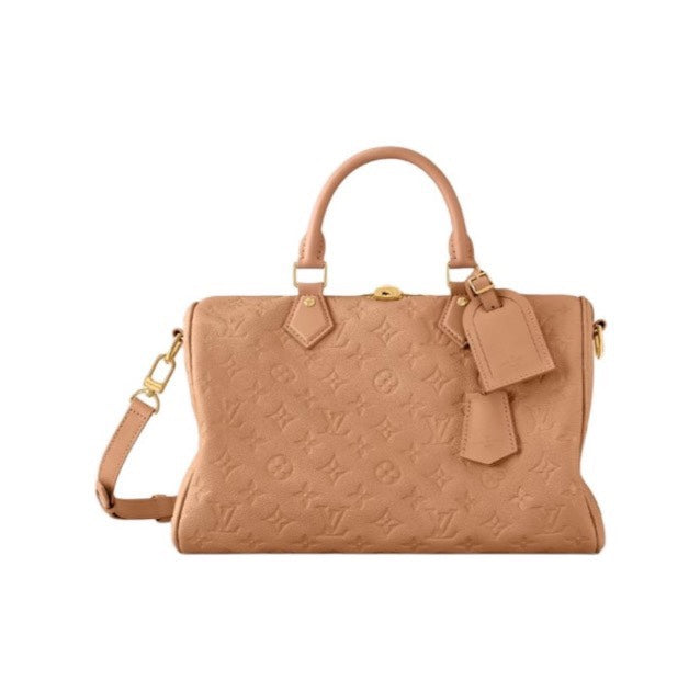 Elegant Tan Monogram Embossed Leather Satchel Bag with Top Handles and Crossbody Strap