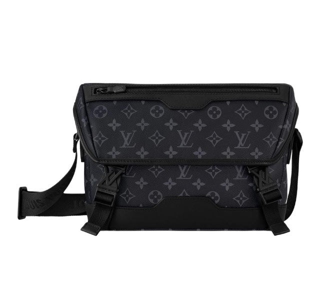 Louis Vuitton Black Monogram Pattern Crossbody Messenger Bag with Buckles