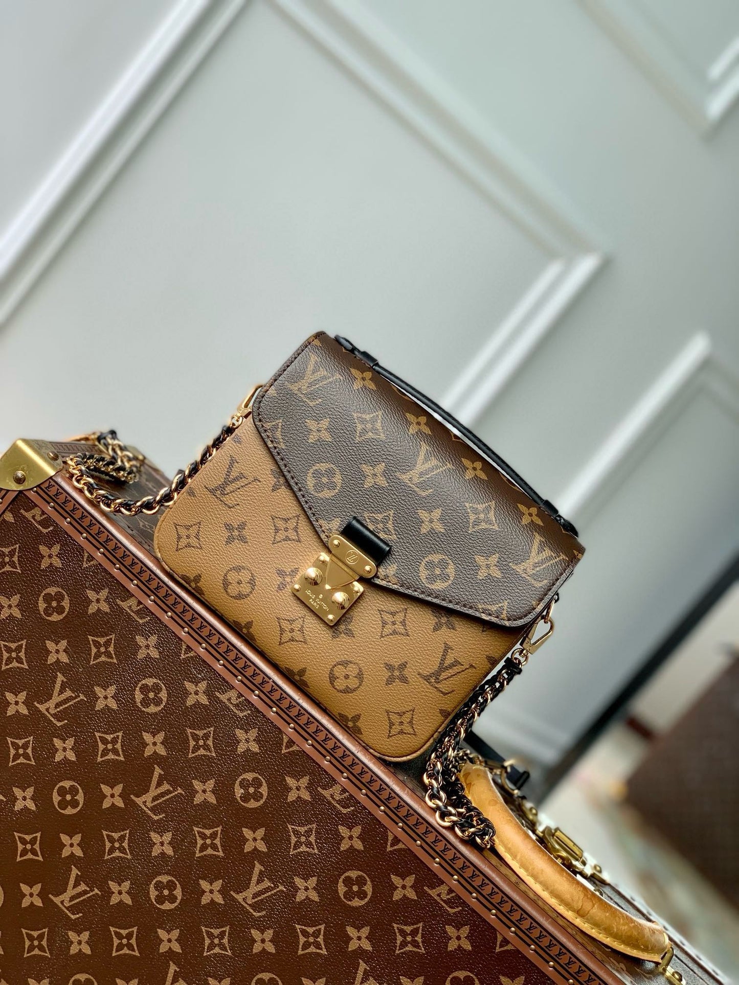 Louis Vuitton Monogram Reverse Canvas Crossbody Bag with Gold S-Lock Hardware