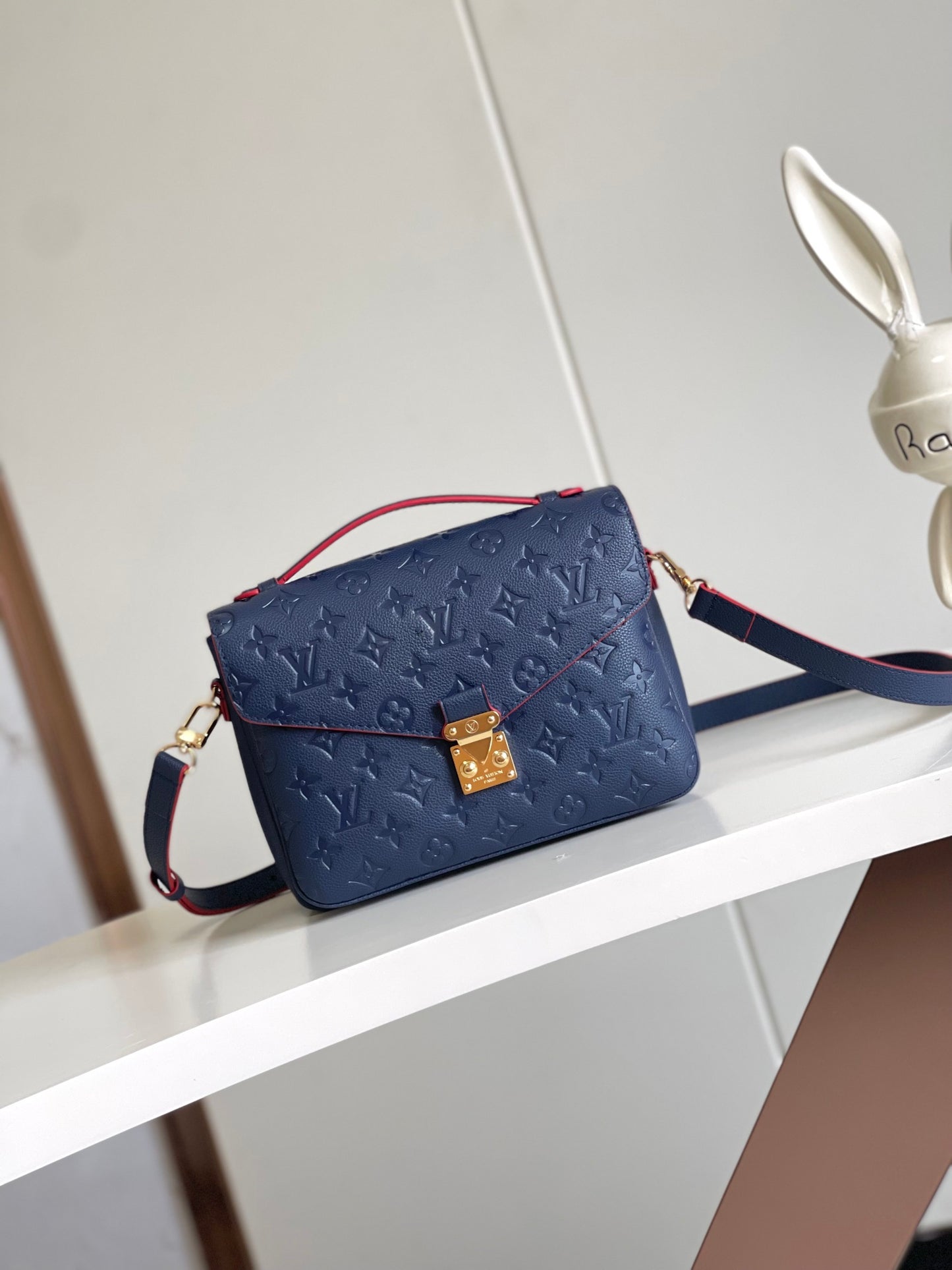 Louis Vuitton Navy Blue Embossed Leather Crossbody Satchel Bag with Red Trim