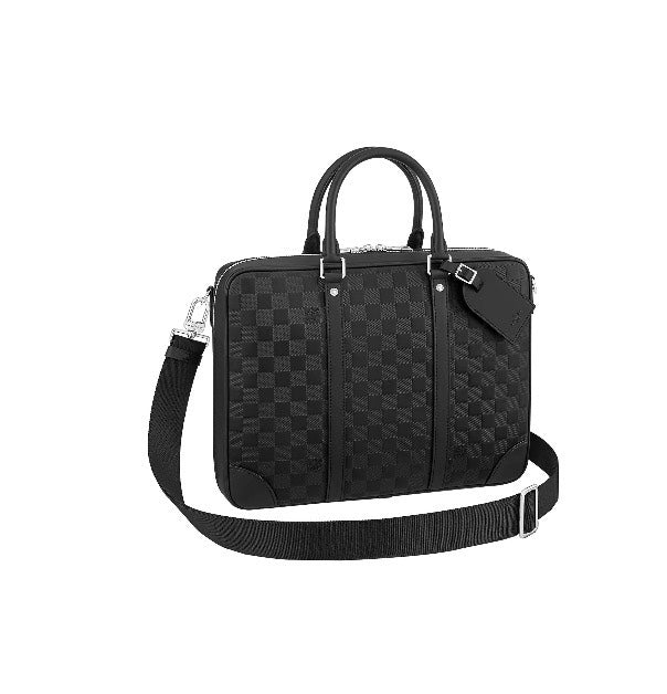 Men's Luxury Black Leather Briefcase - Professional Business Bag with Checkered Pattern