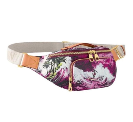 Tropical Surf Graphic Print Belt Bag - Purple and White