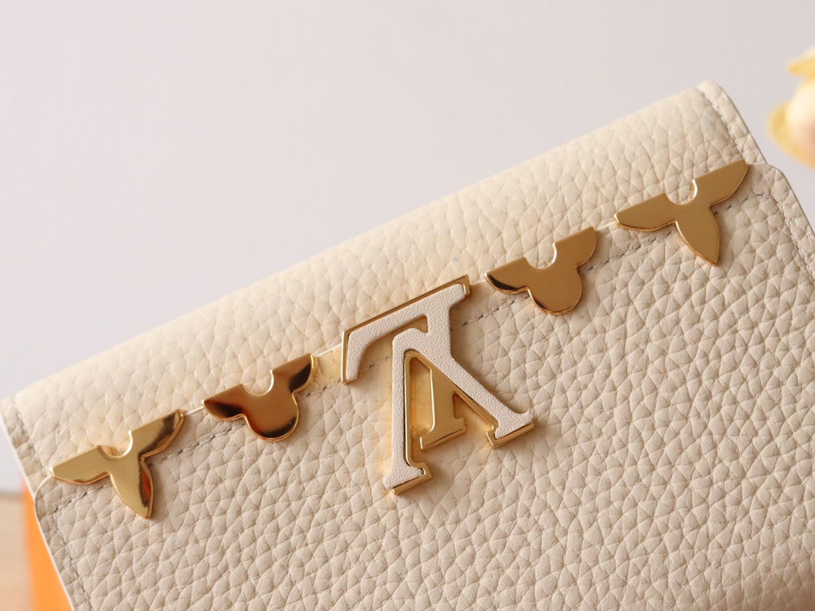 Louis Vuitton Capucines Compact Wallet - Cream Grained Leather with Gold LV Initials