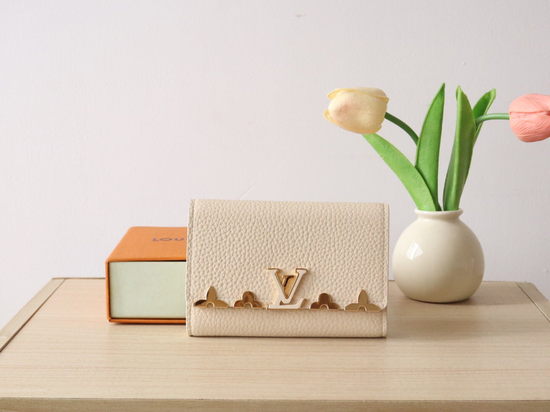 Louis Vuitton Capucines Compact Wallet - Cream Grained Leather with Gold LV Initials