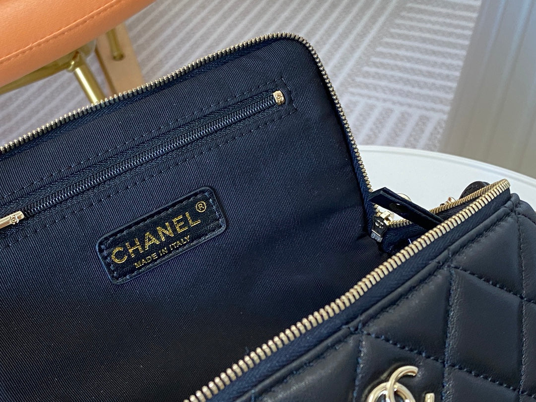Chanel Quilted Black Leather Vanity Case with Top Handle and Chain Strap