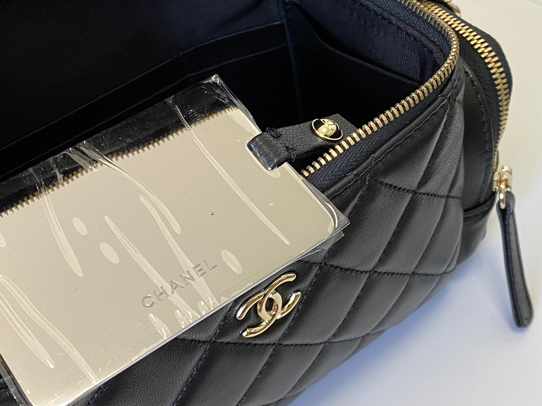 Chanel Quilted Black Leather Vanity Case with Top Handle and Chain Strap