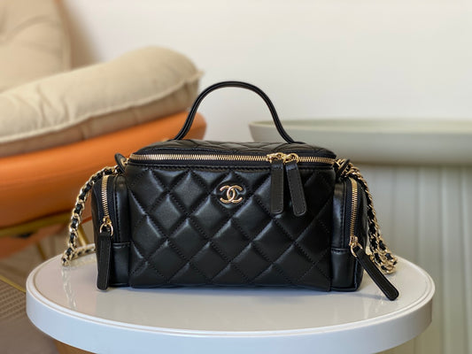 Chanel Quilted Black Leather Vanity Case with Top Handle and Chain Strap