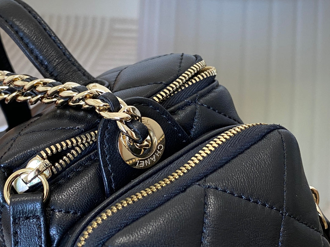 Chanel Quilted Black Leather Vanity Case with Top Handle and Chain Strap