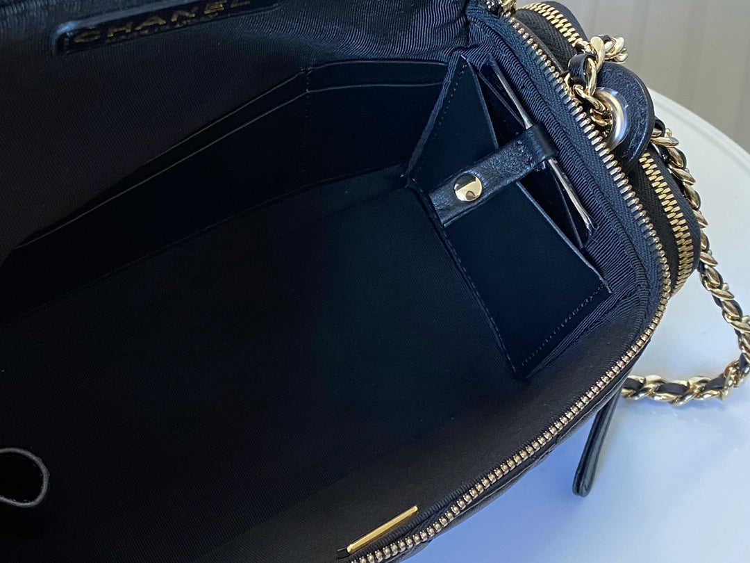 Chanel Quilted Black Leather Vanity Case with Top Handle and Chain Strap