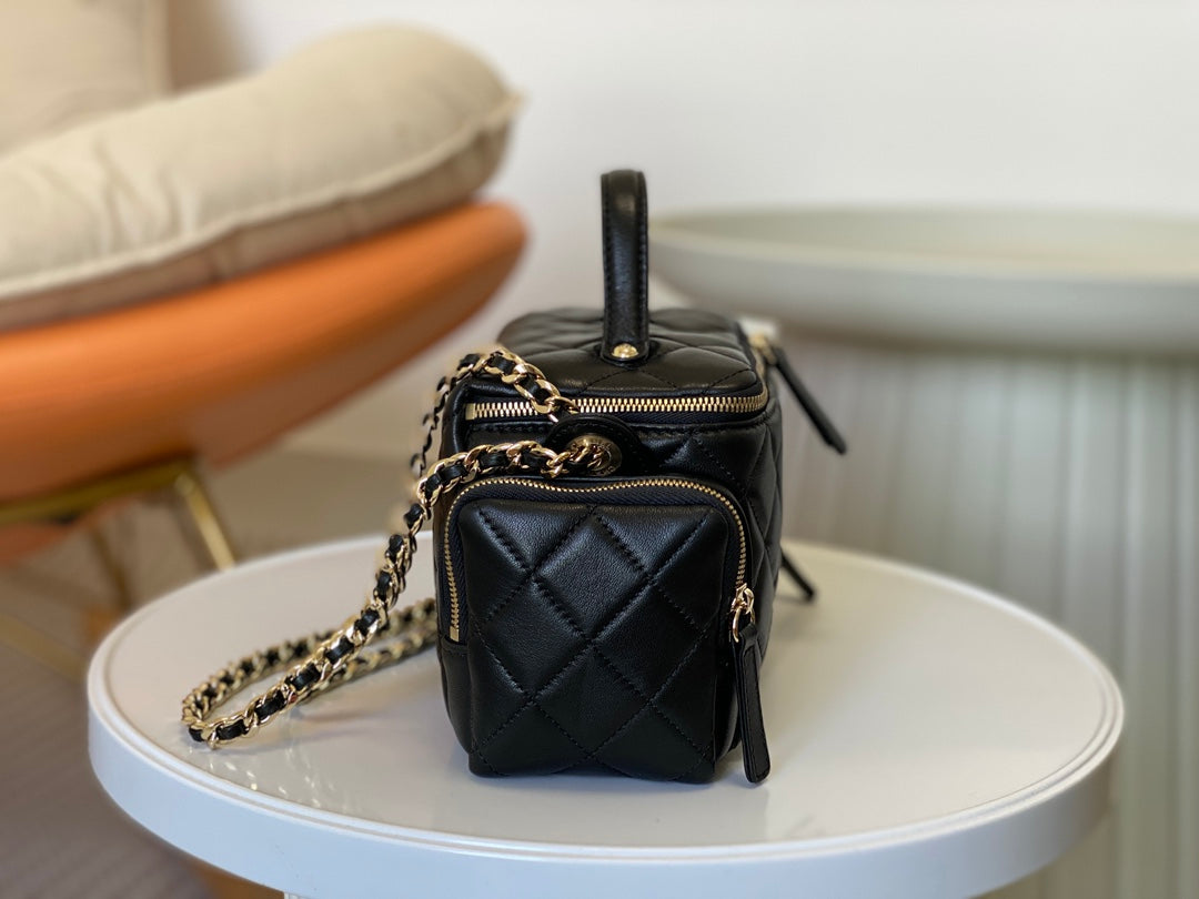 Chanel Quilted Black Leather Vanity Case with Top Handle and Chain Strap