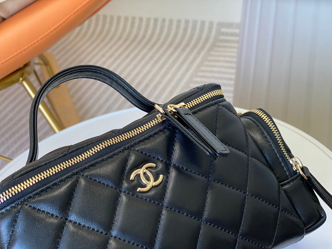 Chanel Quilted Black Leather Vanity Case with Top Handle and Chain Strap