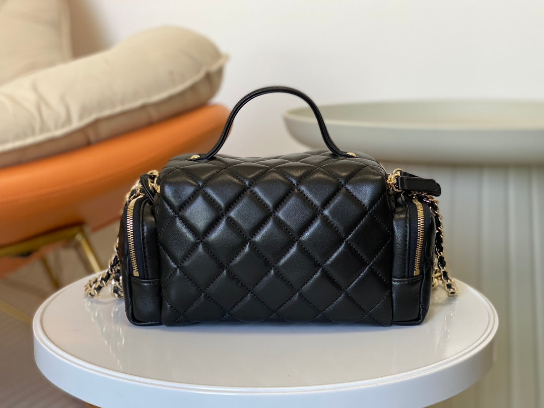Chanel Quilted Black Leather Vanity Case with Top Handle and Chain Strap