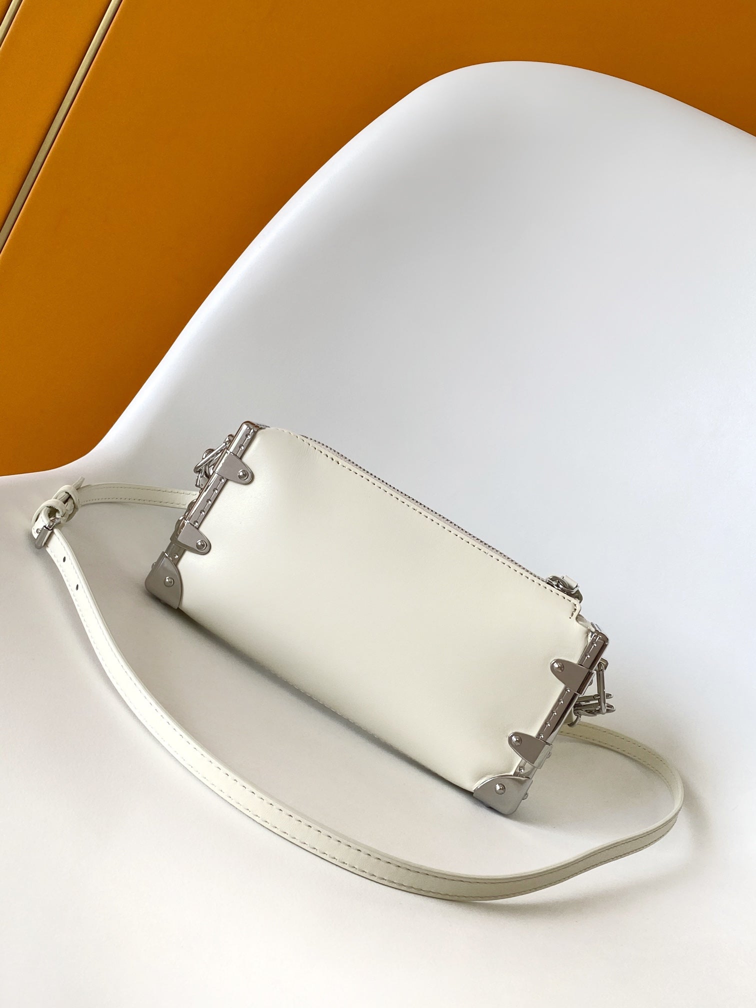 Louis Vuitton Beige Leather Crossbody Bag with Silver Studded Corners and Chain Strap
